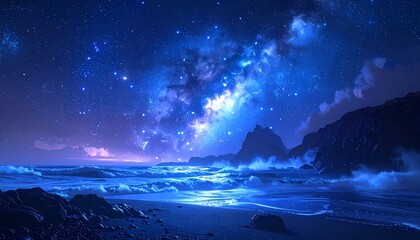 Naklejka premium Stunning Night Sky Over Ocean Waves and Rocky Coastline.