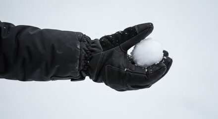 A gloved hand holds a perfect snowball, ready for exciting winter fun and playful outdoor activities during the cold season.