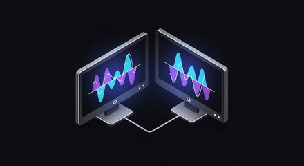 Modern Diverse Remote Team Working Illustration with Two Isometric Linked Monitors