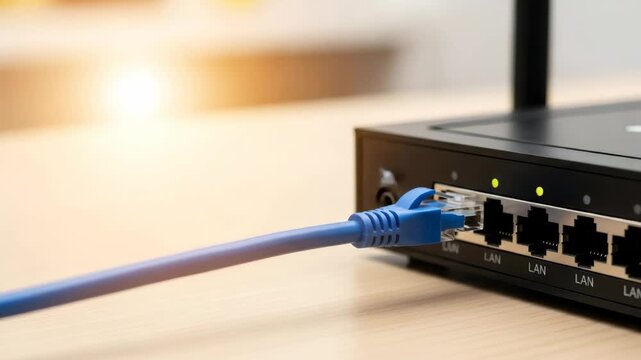 Ethernet cable connection to a LAN port on a router with blinking indicator lights, illustrating network activity and data transfer