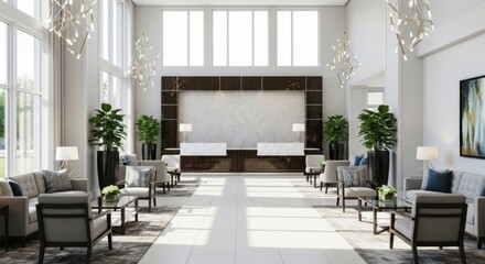 Modern Bright Lobby with Elegant Furniture and Large Windows in Contemporary Office Space
