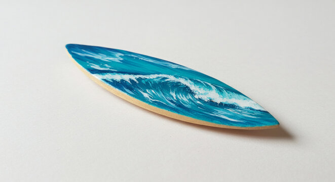 Vibrant turquoise wave art painted on a miniature surfboard, capturing the exhilarating energy of the ocean and surf culture.