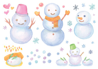 Cute Watercolor Winter Illustration Set of Snowmen and Snow Rabbits
