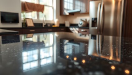 A sleek black granite surface with subtle reflections and a bright blurred kitchen interior, creating a premium display environment