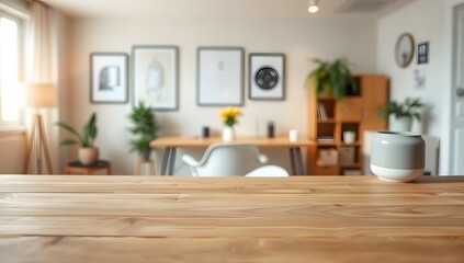 Fototapeta premium Minimalist wooden desk with soft ambient lighting and a blurred home office atmosphere, ideal for tech, stationery, or lifestyle product backgrounds