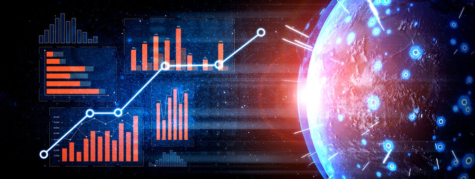 This image depicts a futuristic data visualization featuring graphs and charts on an abstract globe, illustrating global trends and analytics in technology and business. Scalp