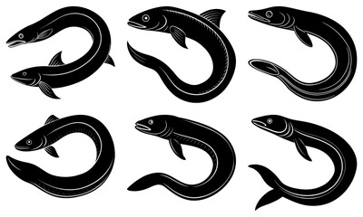 Elegant silhouettes of eels swimming gracefully, a modern aquatic design for branding, wildlife education, or seafood menus, adaptable vector art