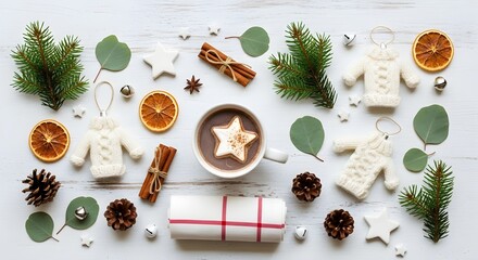 White & Rustic Christmas Decoration Flat Lay: Hot Cocoa, Orange Slices, Sweater Ornaments, and Cinnamon