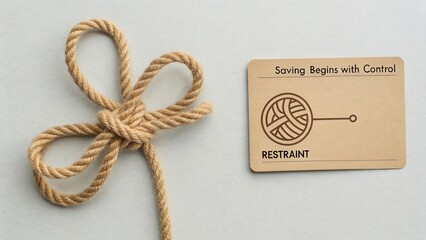 Simple rustic knot tied with natural rope beside a card highlighting the concept of restraint and control in personal finance planning