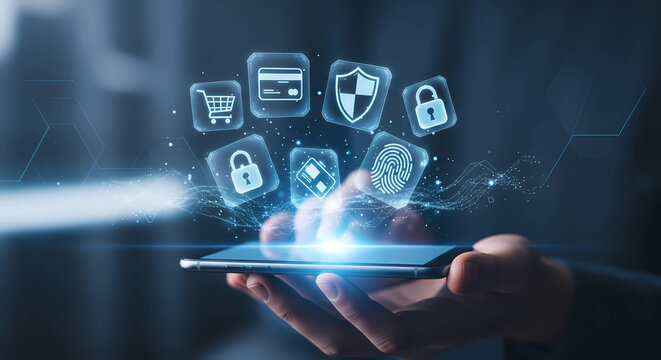 Safeguarding your digital life with secure mobile technology, offering peace of mind and data protection while shopping and banking online using smartphones - Powered by Adobe