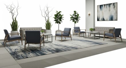 Modern Lounge Area with Blue and Gray Chairs and Indoor Plants in Minimalist Office Space