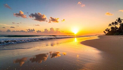 Serene Tropical Beach At Golden Hour With Reflective Water And Palm Trees