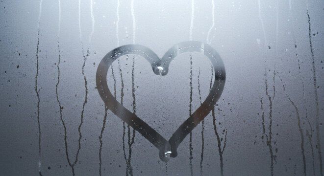 Heart drawn on steamy window evokes romance and tender emotions, perfect for love stories and heartfelt messages.