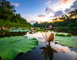 Serene lake scene featuring water lilies under a colorful sunset