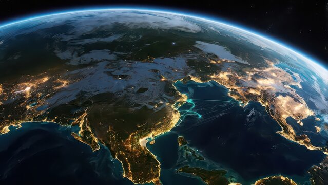 Earth from space with city lights showing global network connections