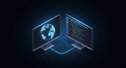 Diverse Remote Team Working Illustration with Isometric Connected Monitors on Dark Background