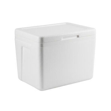 Isolated shot showcasing a closed white polystyrene food cooler box on a stark backdrop