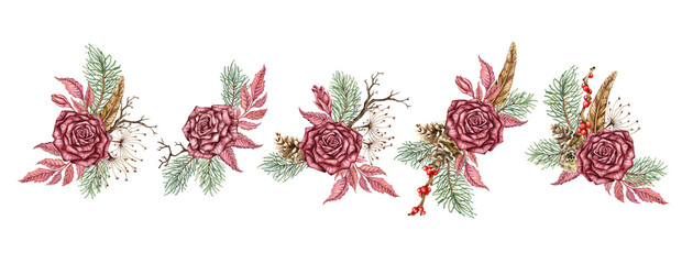 Burgundy roses, pine branches, cones, dried flowers, feather and berries set watercolor illustration. Winter New Year and Christmas bouquets, isolated from the background, perfect for holiday cards