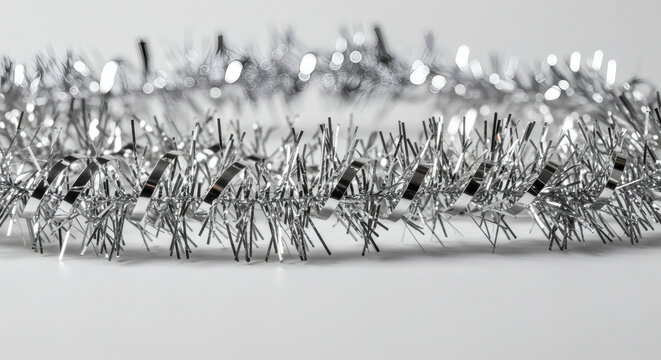 Sparkling silver tinsel garland draped elegantly, perfect for festive holiday decorations and glamorous event styling. - Powered by Adobe