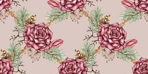 Burgundy roses, fir branches, cones, dry branches, dried flowers, leaves and chains seamless pattern watercolor illustration. Isolated warm nude, suitable for Christmas and New Year wrapping paper, 