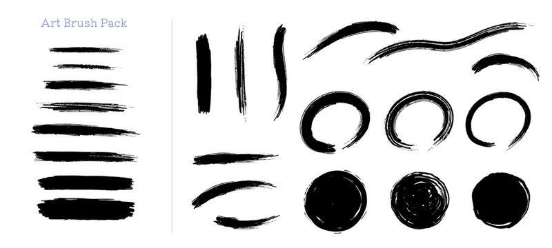 筆で書いたようなアートブラシと筆で書いたストローク、丸の装飾セット