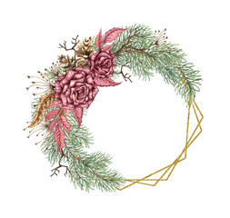Burgundy roses, pine branches, cones, dry twigs, leaves, feathers arranged in a geometric frame. Watercolor floral illustration for Christmas and New Year decor. Isolated from the background.