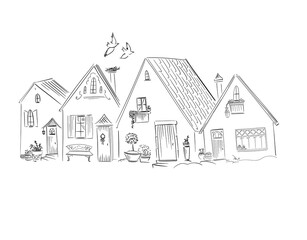 Fototapeta premium French village, beautiful rural style, traditional houses, sketch on white background