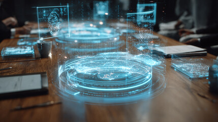 Futuristic holographic interface displaying data on a boardroom table