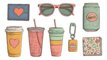 Cute Hand-Drawn Food and Drink Illustrations with Stylish Accessories for Design Projects
