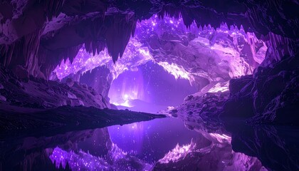 Mysterious Purple Lit Cave with Reflective Water and Crystal Formations.