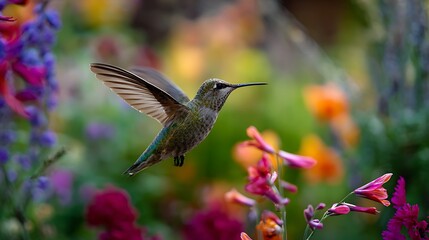 Fototapeta premium A hummingbird hovering mid air with blurred colorful flowers in the background in a garden setting