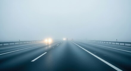 Obraz premium Highway in fog during winter creates atmosphere of mystery, adding to sense of isolation. Fog reduces visibility on roadway with cars driving during winter, making travel dangerous and slow.