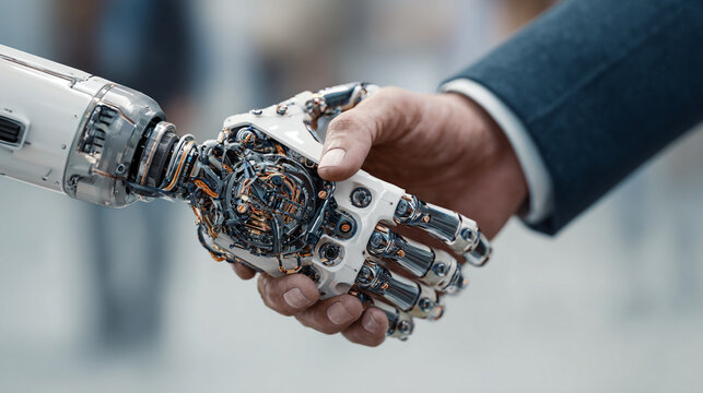 Human and robot shaking hands, symbolizing partnership and technology - Powered by Adobe