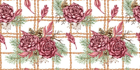 Burgundy roses, fir branches, cones, dry branches, dried flowers, leaves and chains - seamless pattern, watercolor illustration. Isolated, suitable for Christmas and New Year wrapping paper, fabric