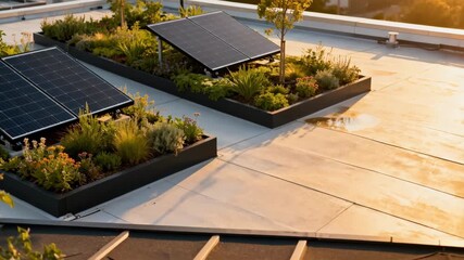 Medium shot of a commercial rooftop garden with solar panels integrated among greenery demonstrating innovative sustainable insulation and renewable energy synergy. - Powered by Adobe