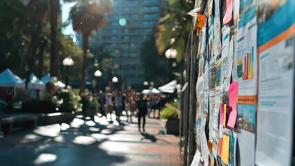 Medium shot of colorful posters displayed on a public bulletin board highlighting key messages about safe hazardous waste management.