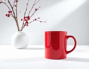 Red mug, white vase, winter branches
