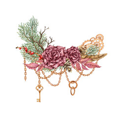 Burgundy roses, with pine branches, dry branches, feathers, red berry, gears, pendant, key and chains watercolor illustration. Winter composition for Christmas and New Year decor. Bouquet isolated