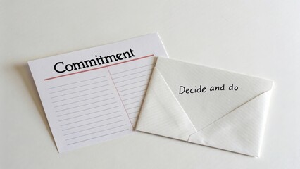 Visual representation of commitment concept featuring an empty checklist and an invitation to take action with an envelope on a clean background