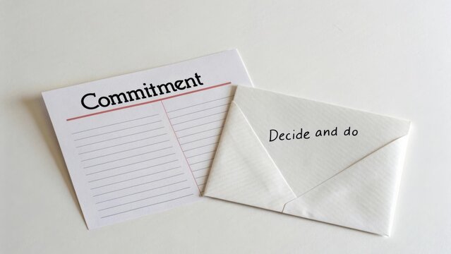 Visual representation of commitment concept featuring an empty checklist and an invitation to take action with an envelope on a clean background