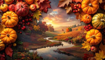 Autumnal harvest scene framed by gourds, apples, and leaves.  A picturesque fall landscape with a winding stream and sunrise is centered within the frame