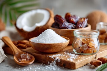 Fototapeta premium Close-up of a rustic kitchen scene featuring natural ingredients such as coconut, sugar, dates, and almonds, perfect for healthy cooking and wellness recipes backdrop