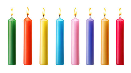 Row of colorful birthday candles with flickering flames, isolated on a soft blue background.