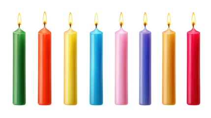 Row of colorful birthday candles with flickering flames, isolated on a soft blue background.