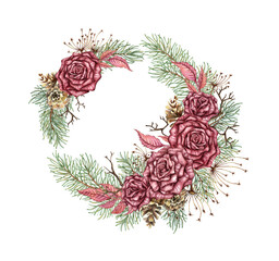 Wreath of burgundy roses, fir branches, cones, dried flowers, dry branches. Watercolor illustration in steampunk style for Christmas and New Year decor. Isolated from the background.