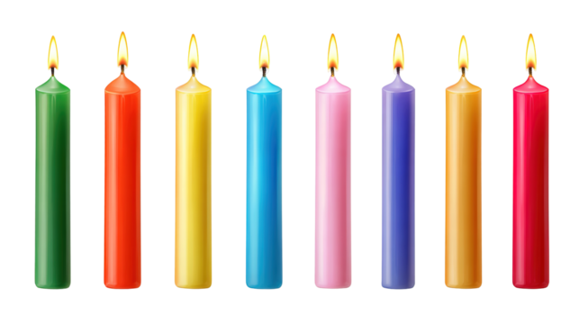 Row of colorful birthday candles with flickering flames, isolated on a soft blue background.