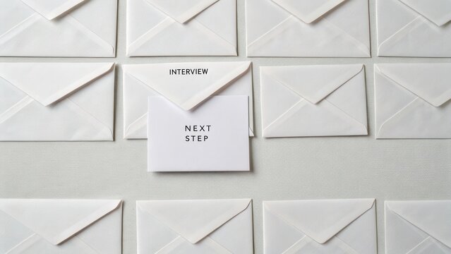 White Envelopes with One Standout Card Highlighting Next Step and Interview for Professional Communication and Job Application Preparation