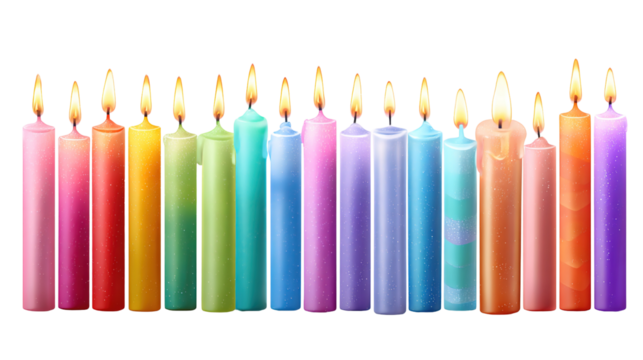 Row of colorful birthday candles with flickering flames, isolated on a soft blue background.