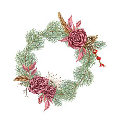 Wreath of burgundy roses, fir branches, cones, dried flowers, dry branches, feathers and red berries. Watercolor illustration in steampunk style for Christmas and New Year decor. Isolated