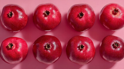 Vibrant red pomegranates arranged neatly on smooth pink background, creating striking and colorful display